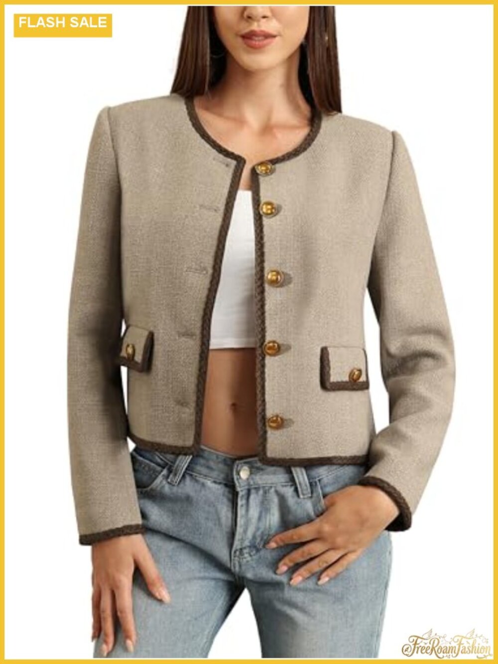 Womens Cropped Tweed Blazer Collarless Vintage Button Jacket